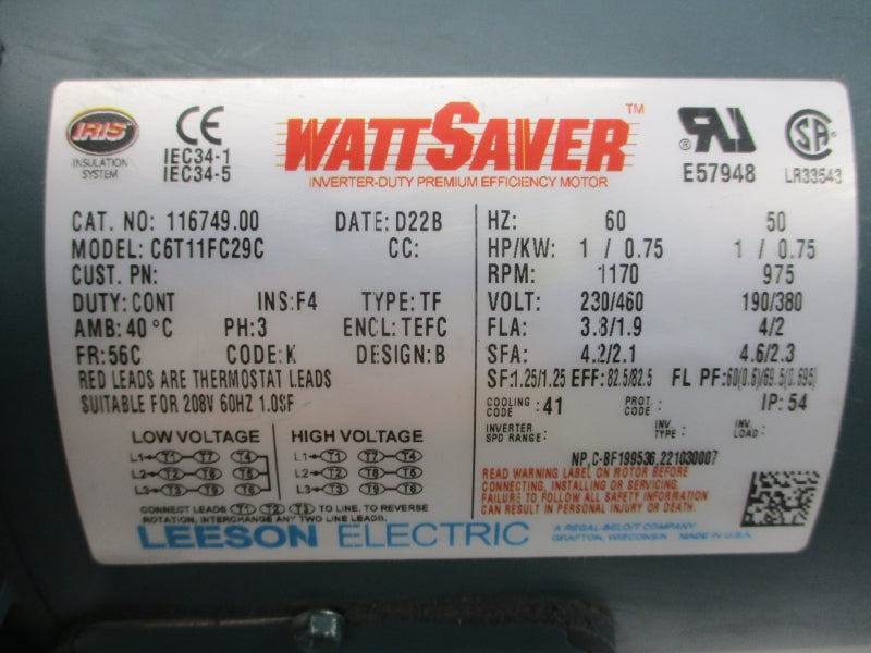 LEESON ELECTRIC 116749.00 C6T11FC29C 230/460V 3.8/1.9A NSNP