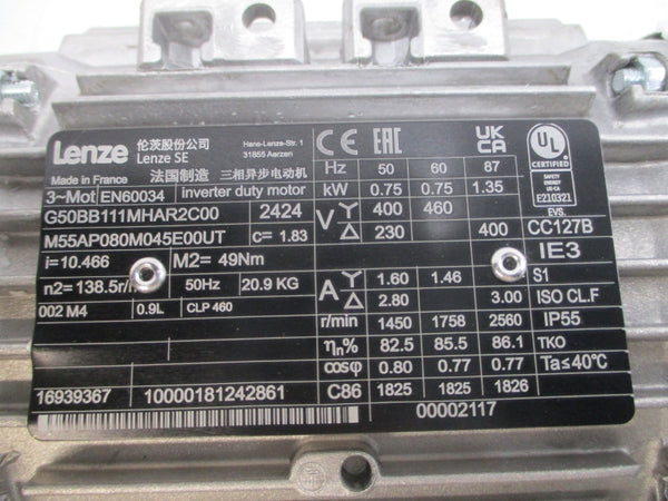 LENZE EN60034 G50BB111MHAR2C00 M55AP080M045E00UT 230/400-460V 1.60/1.46-2.80A NSNP