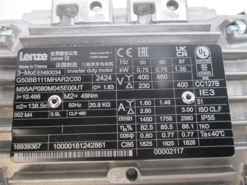 LENZE EN60034 G50BB111MHAR2C00 M55AP080M045E00UT 230/400-460V 1.60/1.46-2.80A NSNP