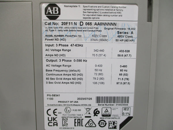 ALLEN BRADLEY 20F11ND065AA0NNNNN SER. A F/W 16.002 480VAC 65A NSMP