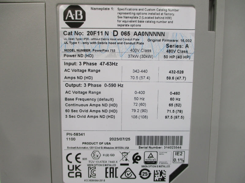 ALLEN BRADLEY 20F11ND065AA0NNNNN SER. A F/W 16.002 480VAC 65A NSMP