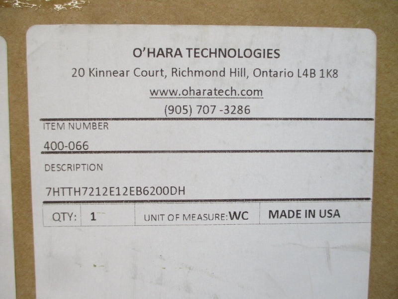 O'HARA TECHNOLOGIES 400-066 7HTTH7212E12EB6200DH 12X12X5.875 NSMP