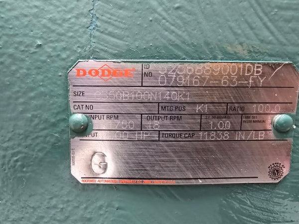 DODGE REDUCER 1750 RPM RATION 100 1.00 HP 5256889001DB 079167-63-FY C350B100N140K1 NSNP