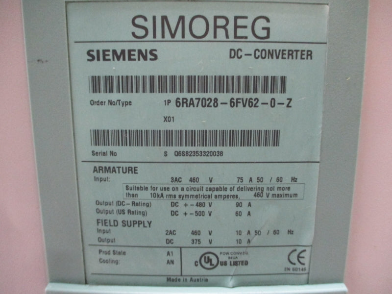 SIEMENS 6RA7025-2FV62-0 460VAC 59.2A REV. 01 NSNP