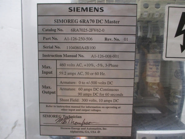 SIEMENS 6RA7025-2FV62-0 460VAC 59.2A REV. 01 NSNP