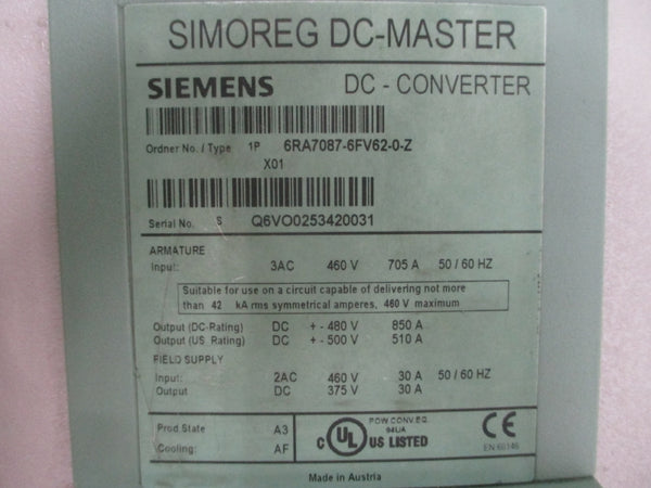SIEMENS 6RA7087-6FV62-0-Z 460VAC 705A (AS PICTURED) UNMP