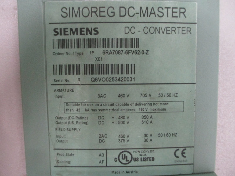 SIEMENS 6RA7087-6FV62-0-Z 460VAC 705A (AS PICTURED) UNMP