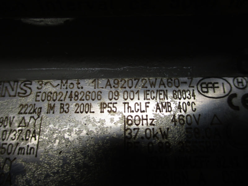 SIEMENS 1LA92072WA60-Z 50HZ 37.0KW 460V 58.0A NSNP