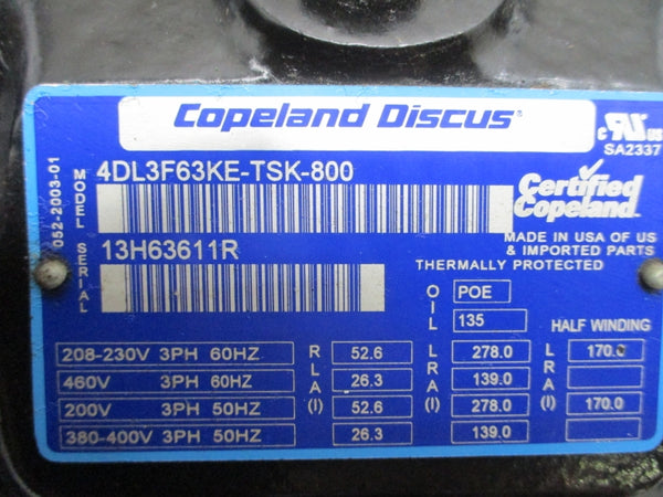 COPELAND 4DL3F63KLYSK 4DL3F63KE-TSK-800 208-230/460V 52.6/278.0A REMAN