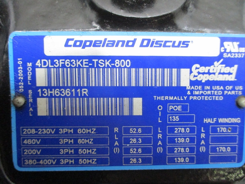 COPELAND 4DL3F63KLYSK 4DL3F63KE-TSK-800 208-230/460V 52.6/278.0A REMAN