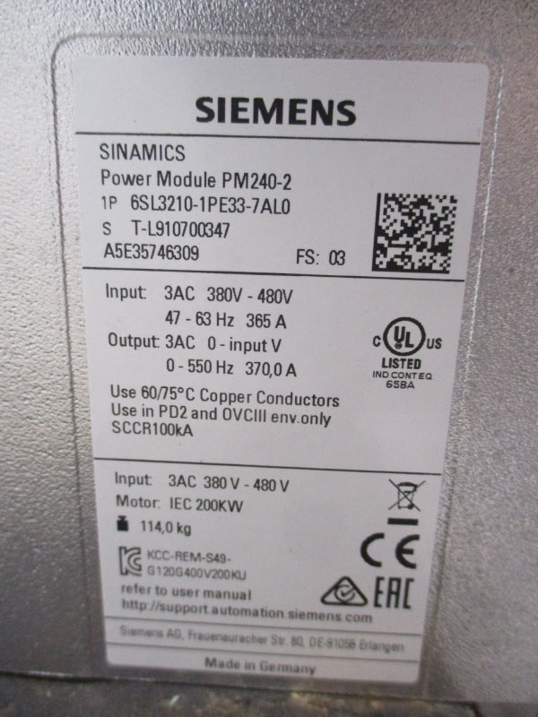 SIEMENS 6SL3210-1PE33-7AL0 380-480VAC 365A NSNP