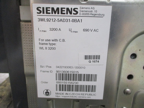 SIEMENS 3WL9212-5AD31-0BA1 690VAC 3200A NSNP