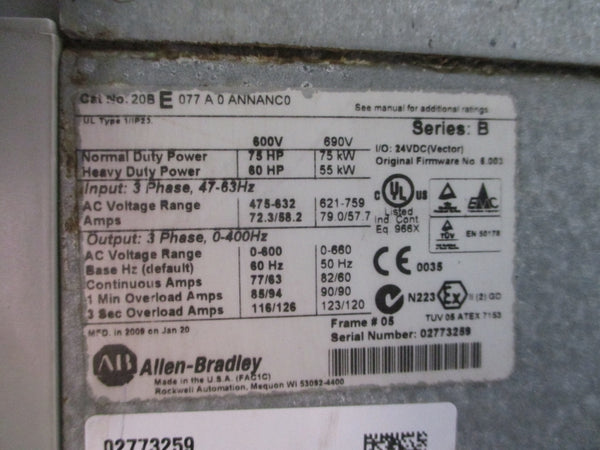 ALLEN BRADLEY 20BE077A0ANNANC0 SER. B F/W 6.003 475-632VAC 72.3/58.2A UNMP