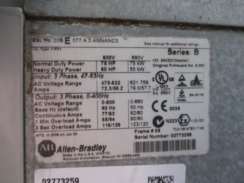 ALLEN BRADLEY 20BE077A0ANNANC0 SER. B F/W 6.003 475-632VAC 72.3/58.2A UNMP