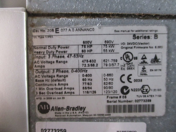 ALLEN BRADLEY 20BE077A0ANNANC0 SER. B F/W 6.003 475-632VAC 72.3/58.2A UNMP