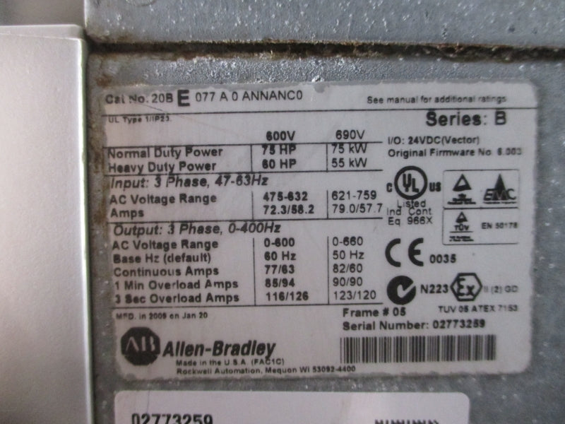 ALLEN BRADLEY 20BE077A0ANNANC0 SER. B F/W 6.003 475-632VAC 72.3/58.2A UNMP
