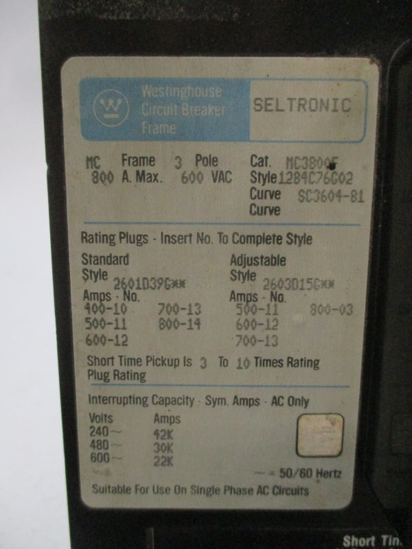 WESTINGHOUSE MC3800F 1284C76G02 600VAC 800A UNMP