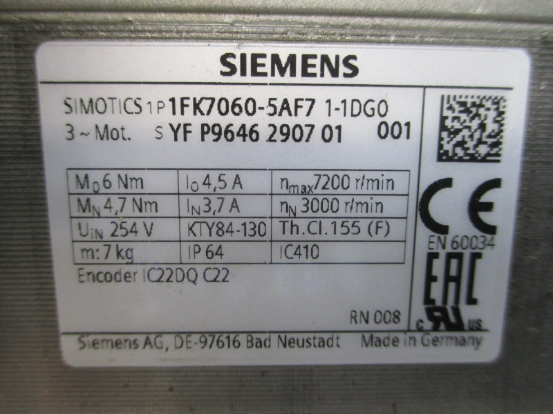 SIEMENS 1FK7060-5AF71-1DG0 254V 3.7/4.5A NSNP