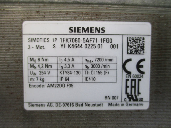 SIEMENS 1FK7060-5AF71-1FG0 254V 3.3/4.5A NSNP