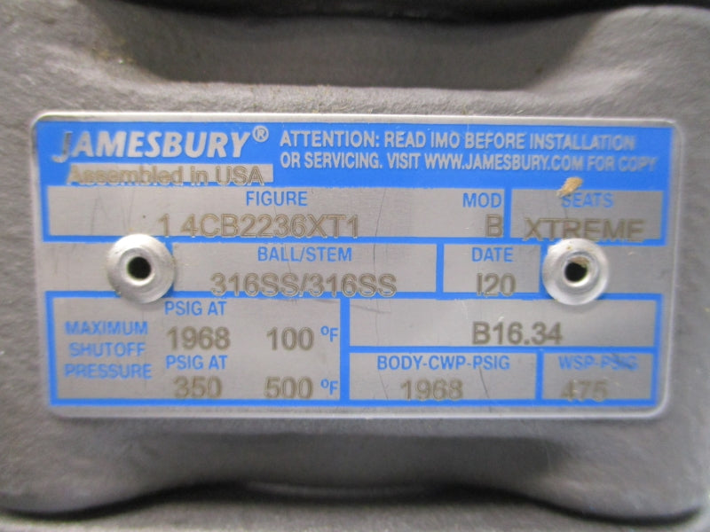 JAMESBURY 14CB2236XT1 VPVL250SR4/5BD 1052 3EX2VBB4 1968PSI 1" NSNP