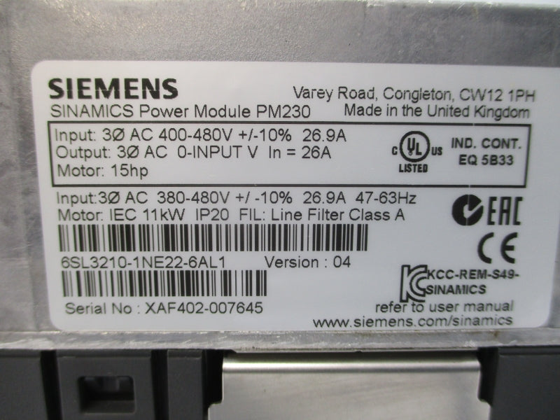 SIEMENS 6SL3210-1NE22-6AL1 380-480VAC 26.9A UNMP