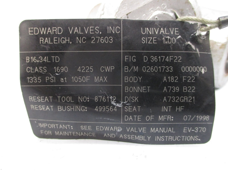 EDWARDS VALVES D 36174F22 1335PSI 1" NSNP