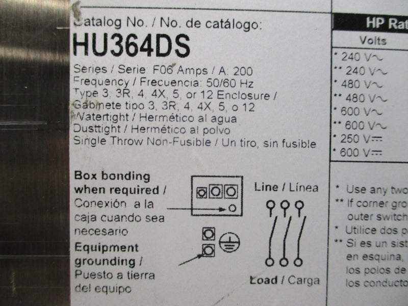 SQUARE D HU364DS SER. F06 600V 200A NSNP