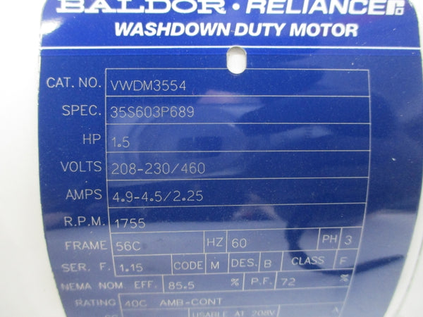 BALDOR VWDM3554 35S603P689 208-230/460V 4.9-4.5/2.25A NSMP
