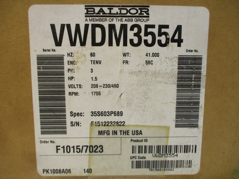 BALDOR VWDM3554 35S603P689 208-230/460V 4.9-4.5/2.25A NSMP