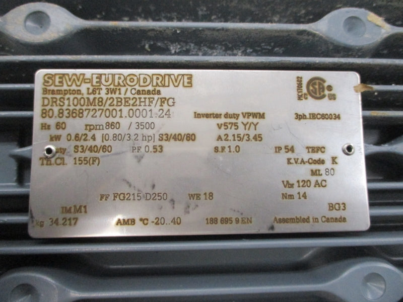 SEW-EURODRIVE DRS100M8/2BEHF/FG 575V 2.15/3.45A NSNP