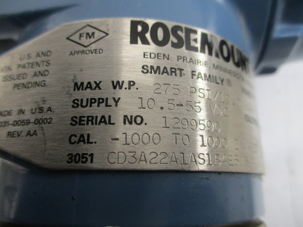 ROSEMOUNT 3051CD3A22A1AS1B4E5M5 10.5-55VDC 275PSI REV. AA NSNP