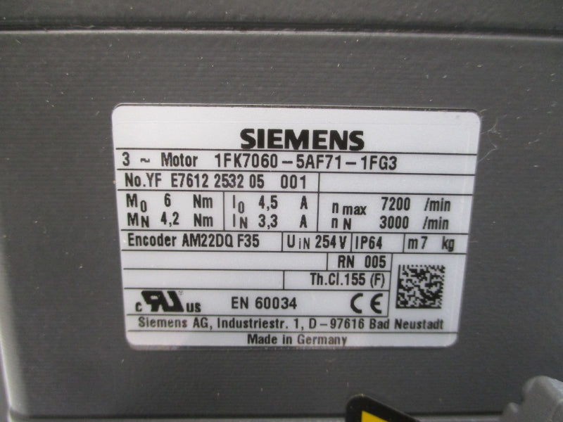 SIEMENS 1FK7060-5AF71-1FG3 254V 4.5/3.3A NSMP