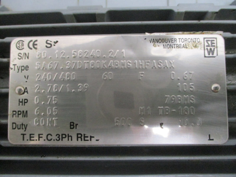 SEW-EURODRIVE SA67.37DT80K4BMG1HFASAX 240/480V 2.78/1.39A NSNP