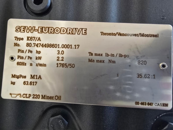 SEW-EURODRIVE K67DRN100L4 230/460V 8.30/4.15A NSMP