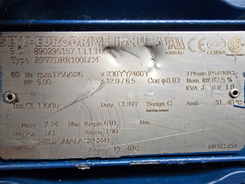 SEW-EURODRIVE RF77DRE100LC4 230/460V 12.9/6.5A NSNP