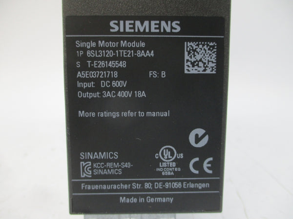 SIEMENS 6SL3120-1TE21-8AA4 600VDC 18A NSMP