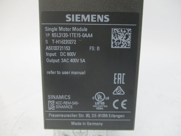 SIEMENS 6SL3120-1TE15-0AA4 600VDC 5A NSMP