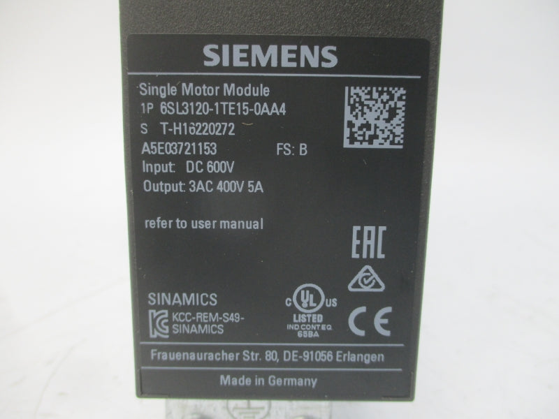 SIEMENS 6SL3120-1TE15-0AA4 600VDC 5A NSMP