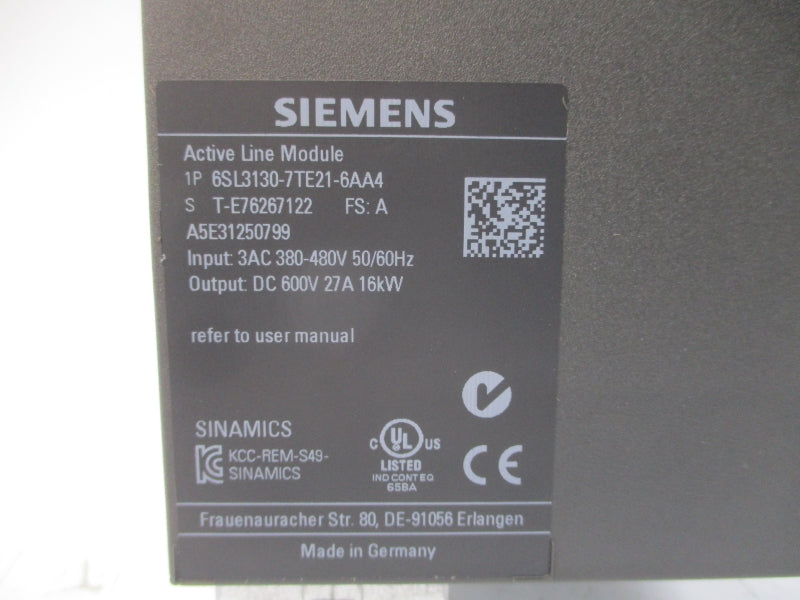 SIEMENS 6SL3130-7TE21-6AA4 380-480VAC 27A NSMP
