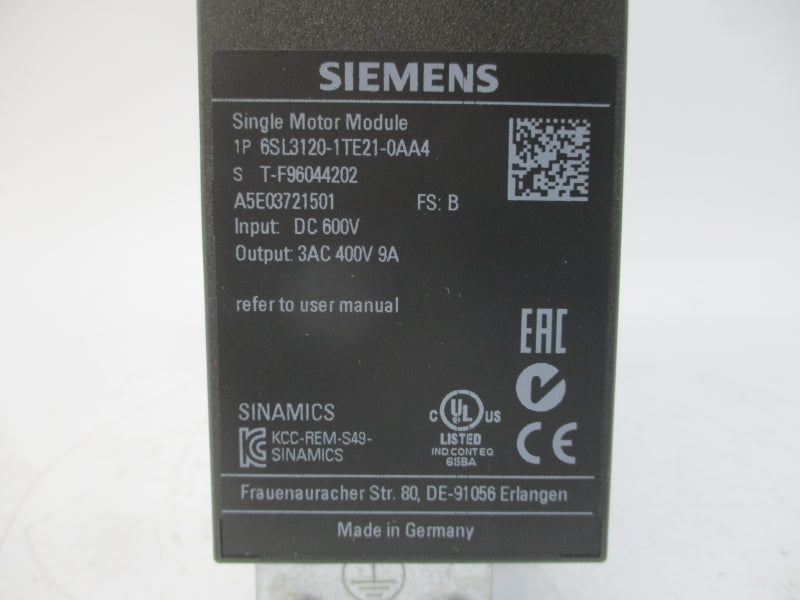 SIEMENS 6SL3120-1TE21-0AA4 600VDC 9A NSMP