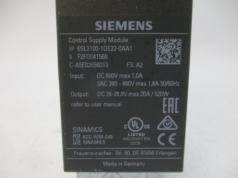 SIEMENS 6SL3100-1DE22-0AA1 380-480VAC 1.8A NSNP