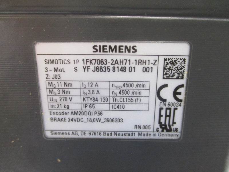 SIEMENS 1FK7063-2AH71-1RH1-Z 270V 3.8/12A NSNP