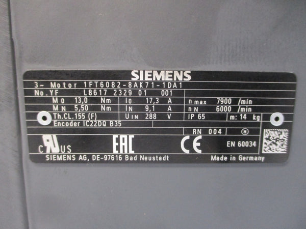 SIEMENS 1FT6082-8AK71-1DA1 288V 9.1/17.3A UNMP