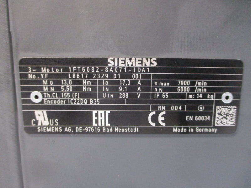 SIEMENS 1FT6082-8AK71-1DA1 288V 9.1/17.3A UNMP