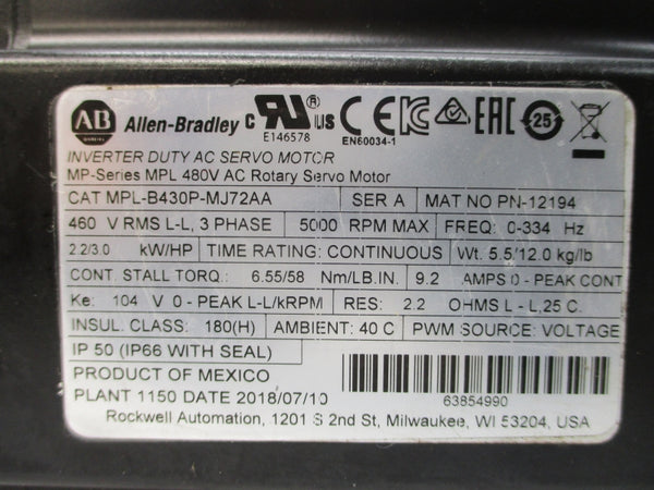 ALLEN BRADLEY MPL-B430P-MJ72AA SER. A 460VAC 9.2A UNMP