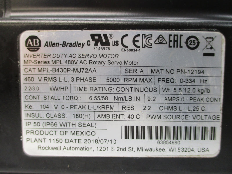 ALLEN BRADLEY MPL-B430P-MJ72AA SER. A 460VAC 9.2A UNMP