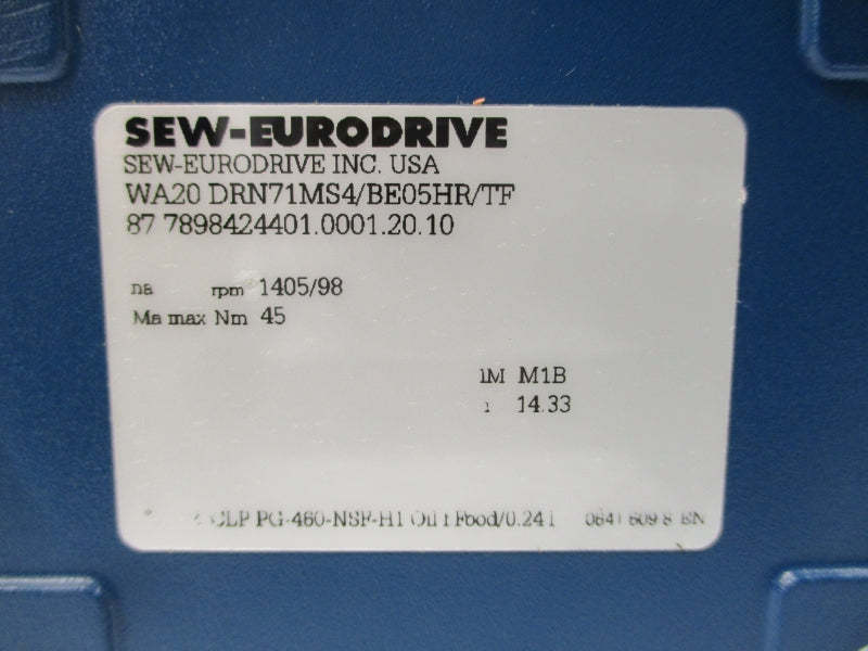 SEW-EURODRIVE WA20DRN71MS4/BE05HR/TF 440-480V 1.29/0.74A NSNP
