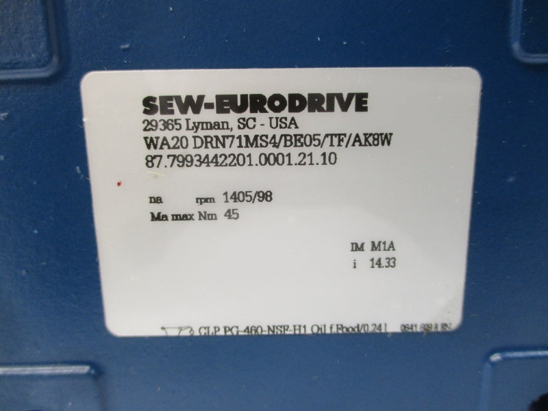 SEW-EURODRIVE WA20DRN71MS4/BE05/TF/AK8W 380-415V 1.29/0.74A NSNP