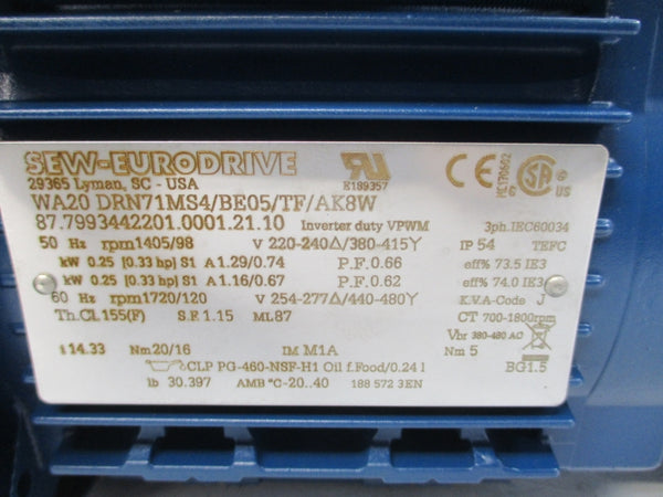 SEW-EURODRIVE WA20DRN71MS4/BE05/TF/AK8W 380-415V 1.29/0.74A NSNP