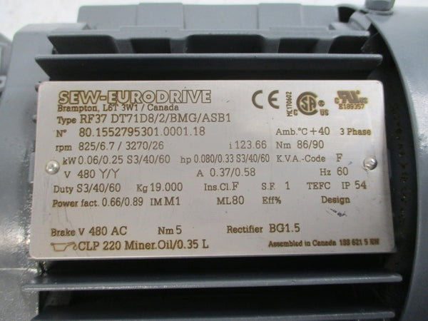 SEW-EURODRIVE RF37DT71D8/2/BMG/ASB1 480V 0.37/0.58A NSNP